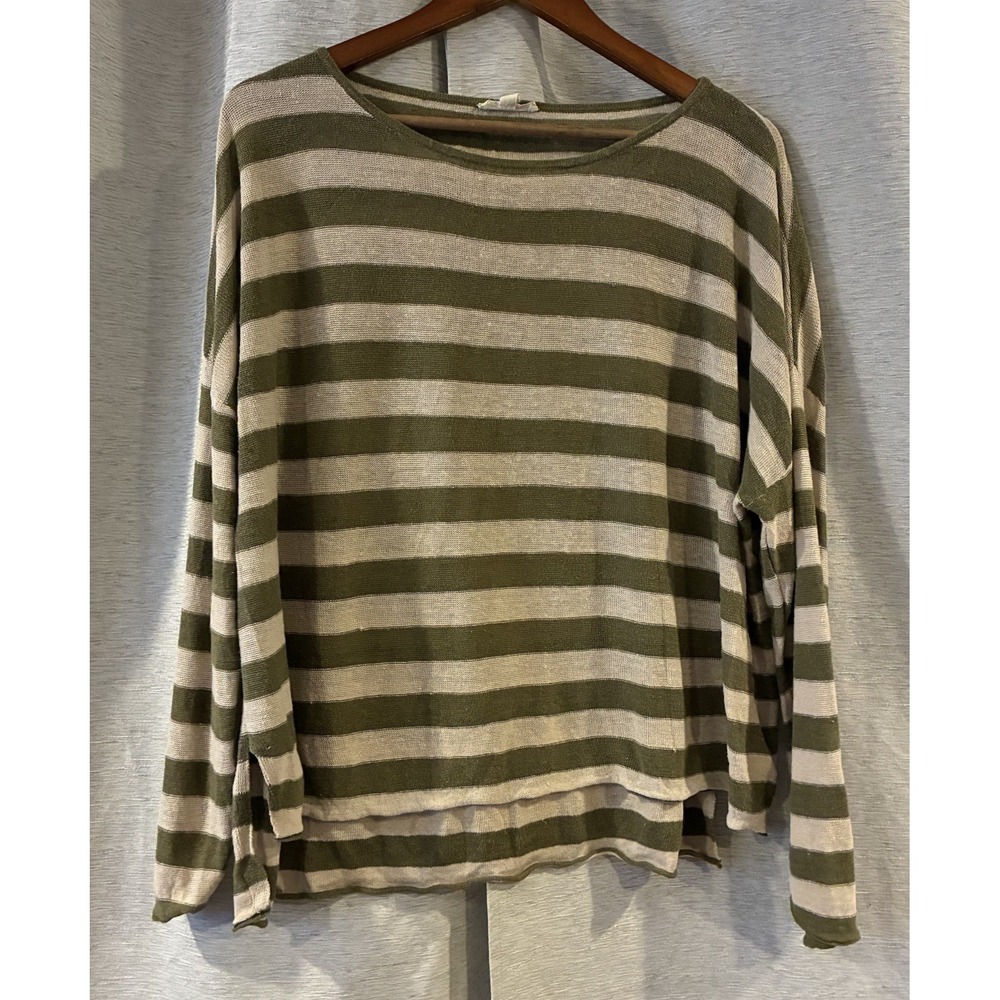 Eileen Fisher Organic Linen Boxy Striped Sweater Green Beige L
